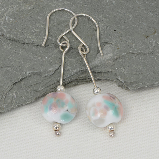 Shades of pink & blue lentil shaped glass bead earrings